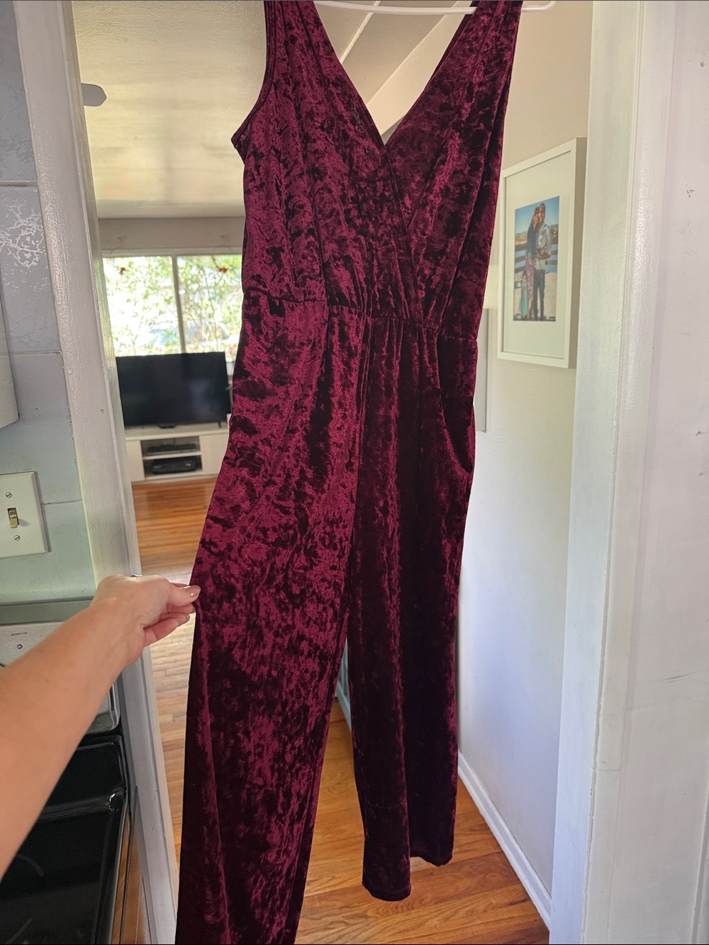 Xhilaration Crushed Velvet V-Neck Jumpsuit in Burgundy